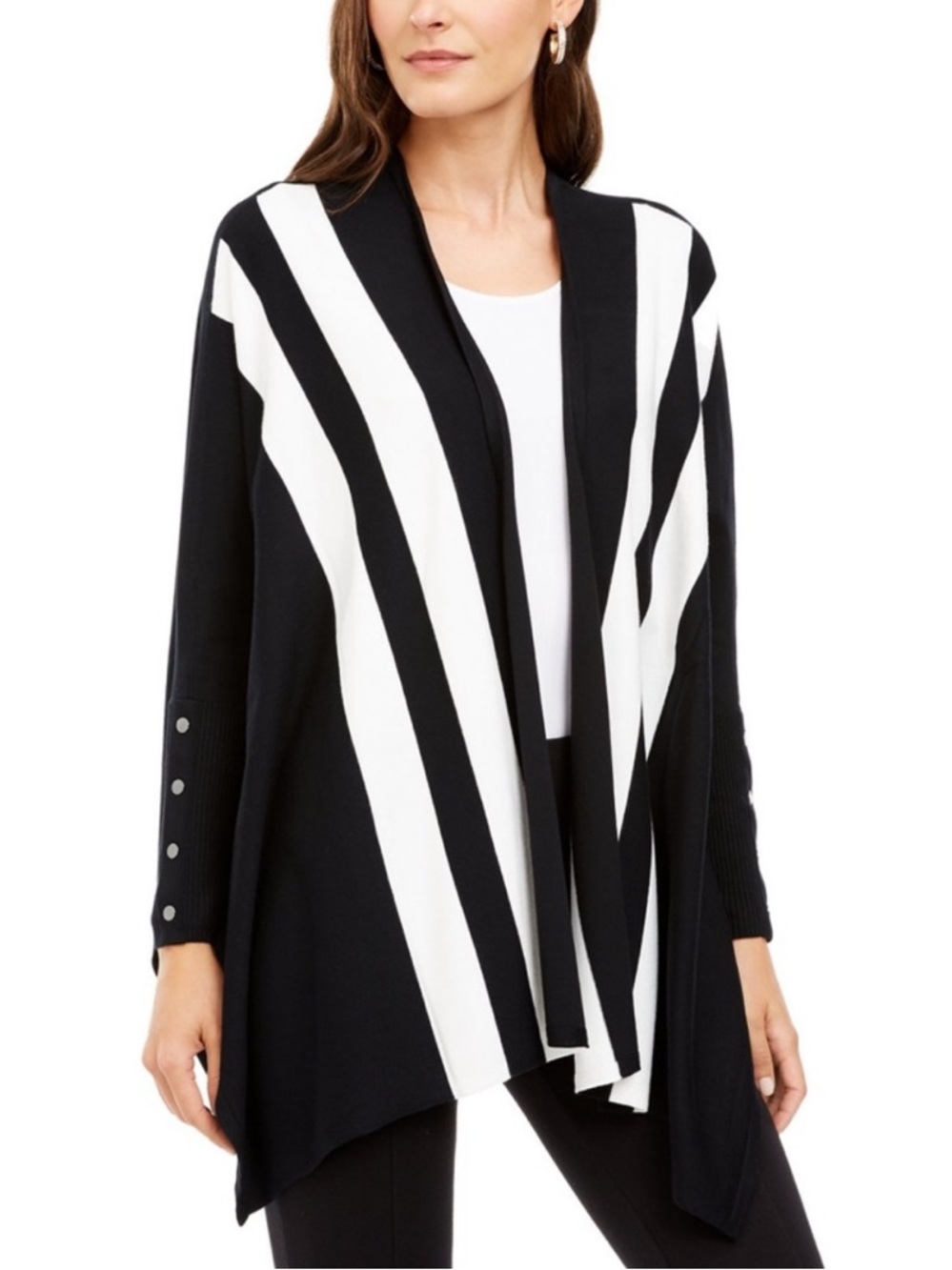 ALFANI Striped Open-Front Poncho Cardigan PS SP Petite Small EUC $80 Black Ivory